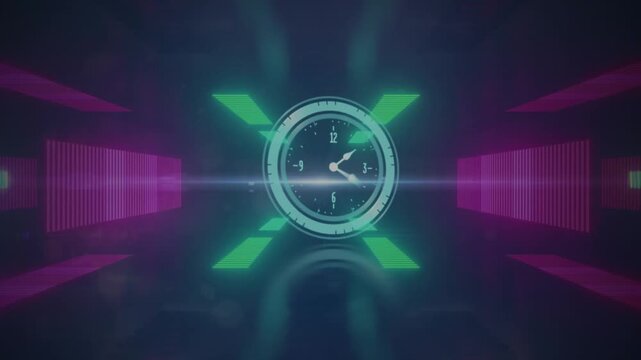 Animation of ticking clock over neon tunnel in seamless pattern against black background