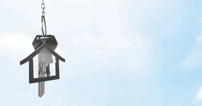 Animation of silver key with house keychain on blue background