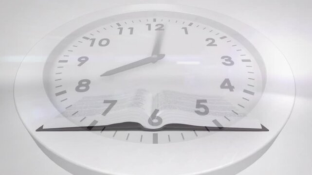 Animation of book over clock ticking on white background