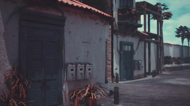 Sunlit pottery storefront with terracotta vessels arranged on shaded porch, rustic stucco walls and palm silhouettes creating nostalgic vintage mood artisans