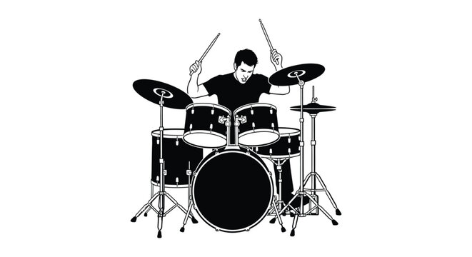 A black silhouette of a drummer intensely playing a full drum kit showcasing rhythm and musical passion silhouette high quality professional