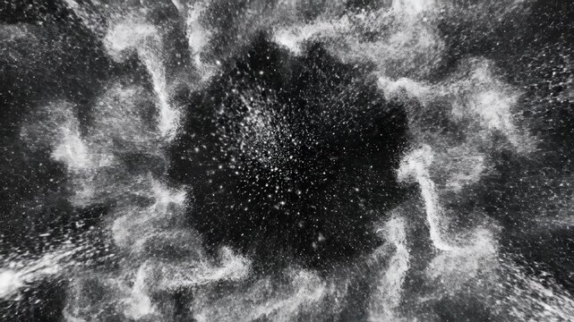 A circular ring of glittering particles expands outward in surreal cosmic motion, creating an abstract texture of dynamic cosmic energy.