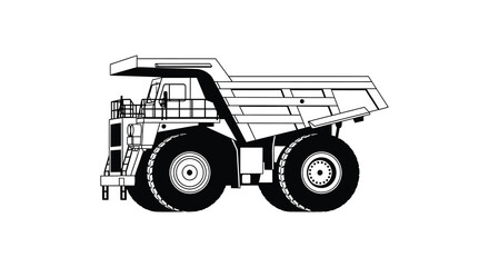 A detailed black and white illustration showcases a large mining dump truck presented as a striking silhouette high quality professional modern © CreativeAkash099