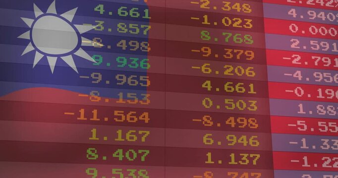 Animation of Taiwanese flag with fluctuating stock market numbers in red and green