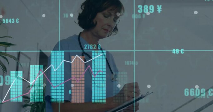 Doctor writing on clipboard, financial data and graphs animation over