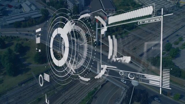 Semi-transparent circular HUD floating over highway roundabout, displaying data bars and traffic