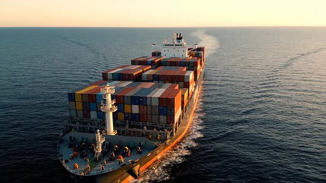 Container Ship Sailing on Ocean at Sunset, Global Logistics and Shipping