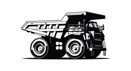 A striking black and white illustration depicts a large mining dump truck in detailed silhouette high quality professional modern elegant stylish © CreativeAkash099