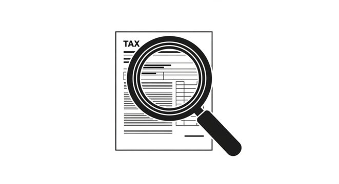 A magnifying glass is used to examine a tax document in a simple vector graphic.