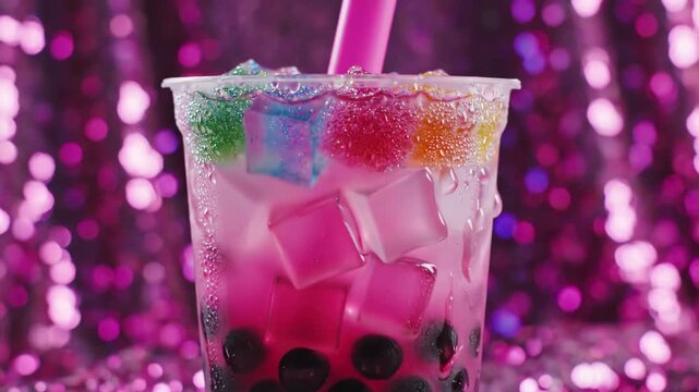 A colorful and enticing bubble tea with jelly toppings and pearl boba is presented in a vibrant pink and purple setting of shimmering indulgence.