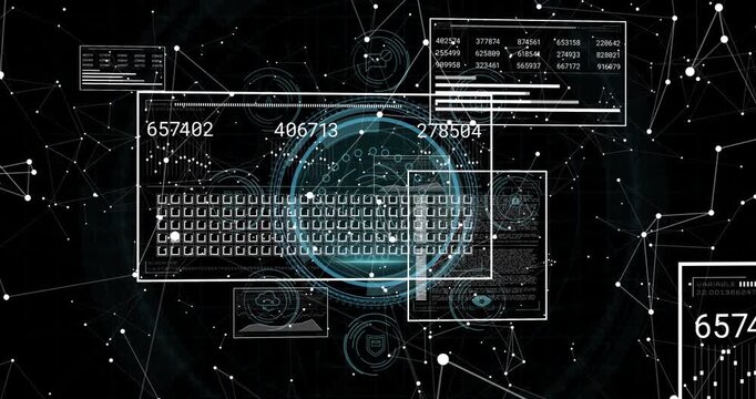 Biometric scanner activating, keyboard HUD shifting while counters updating for data security