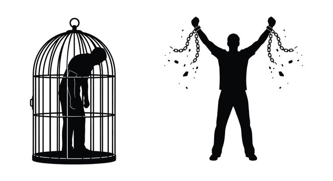 A stark visual depicts liberation from confinement showing a broken cage and a figure breaking free silhouette high quality professional detailed