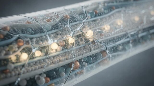 Medium shot of experimental plastic pipe interior showing microcapsule resin layers releasing healing agents to repair microcracks for extended durability.