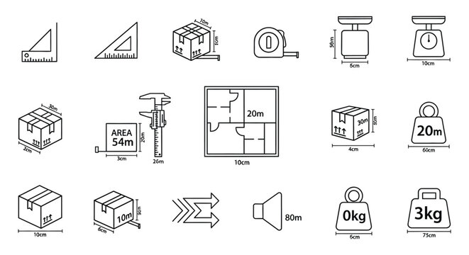 Line drawings of various measurement tools boxes and shapes are arranged on a white background silhouette high quality professional detailed