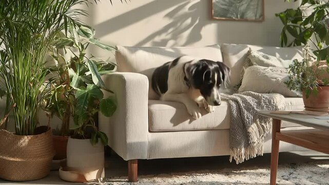 Cozy living room scene: a friendly dog lounges on a beige sofa, surrounded by potted plants and soft throws in warm natural light