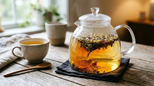 Calming herbal tea glass teapot tea cup wooden spoon loose leaf chamomile floral morning cozy ritual ethical eating relaxing beverage with steam