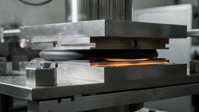 Medium shot of compression molding rubber gaskets with heated press sealing preforms inside metal molds highlighting industrial precision and material shaping.