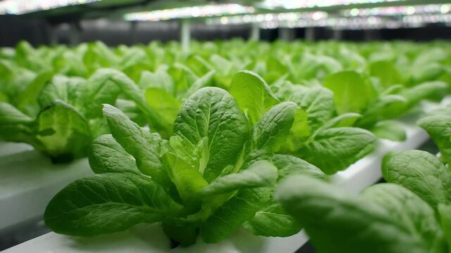 Close-up of fresh green lettuce leaves growing in a greenhouse; crisp, vibrant foliage arranged in neat rows under bright indoor lighting