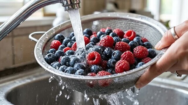 Fresh raspberry blueberry nder washing under running water fresh berry rinsing vibrant berries ethical eating washed fruit