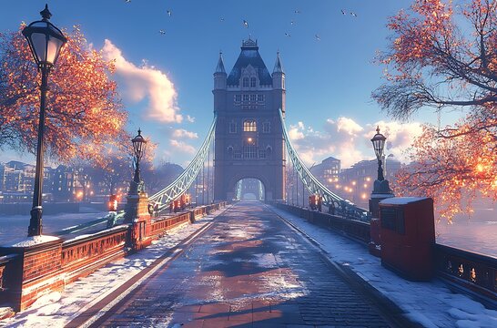 Tower Bridge London winter scene with snow and orange leaves