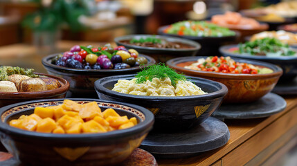 Obraz premium Assorted multicultural dishes arranged on a table, global gastronomy diversity and vibrant food culture concept, defocused background, with copy space