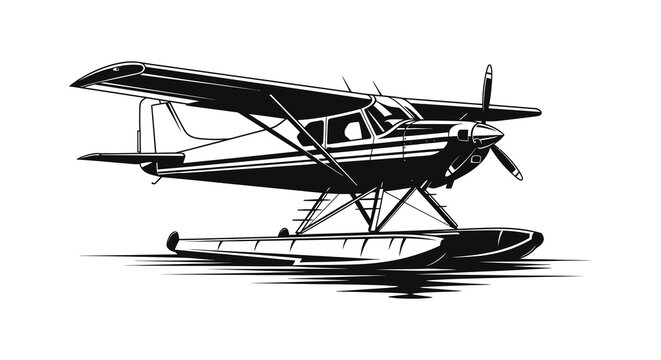 A striking black and white depiction of a floatplane showcasing its unique design as a silhouette high quality professional detailed modern