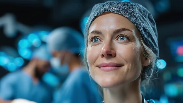 Close-up of a female healthcare worker wearing a blue patterned surgical cap; calm, smiling expression in a hospital setting with a softly blurred background