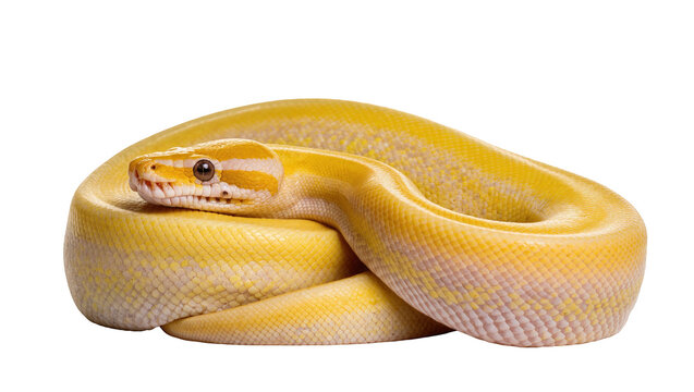 Vibrant yellow-orange Ball Python with striking patterns, coiled elegantly for display.