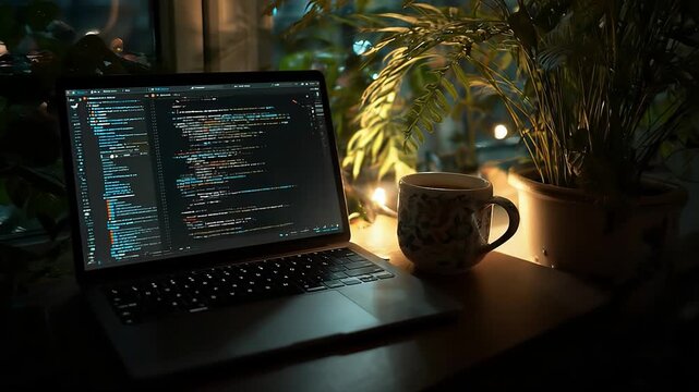 Cozy home office: laptop showing code, a patterned mug, and a plant on a desk bathed in warm ambient light.