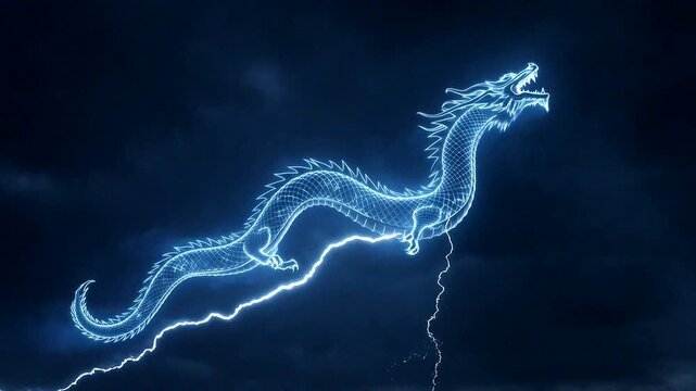 A mystical dragon illuminated by lightning against a dark stormy sky embodies power and fantasy.