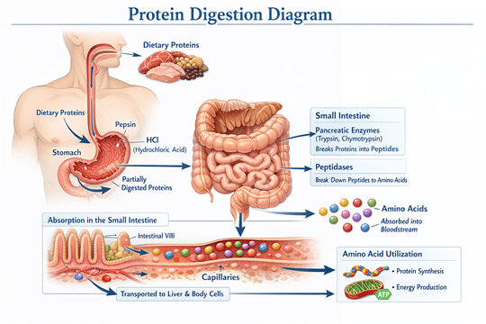 Protein Digestion Diagram Showing Enzyme Breakdown, Stomach Process and Nutrient Absorption in Small Intestine