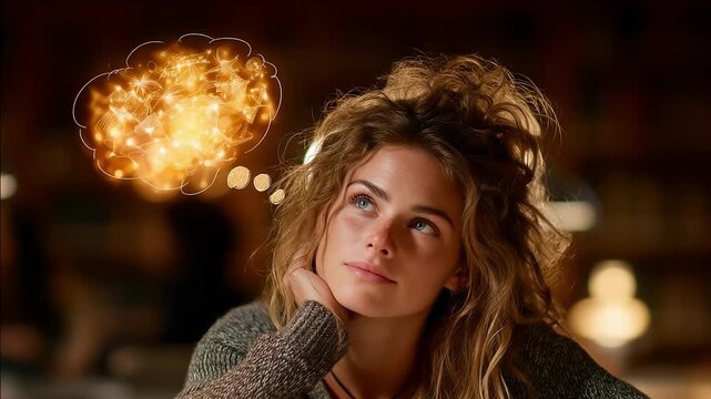 Portrait of a thoughtful woman with curly hair resting her chin on her hand; a glowing thought-cloud of ideas hovers above her head in a warm indoor setting