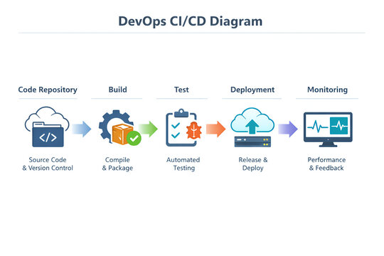DevOps CI CD Diagram Showing Code Repository, Build, Testing, Deployment and Monitoring Workflow