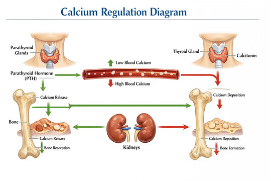 Calcium Regulation Diagram Showing Parathyroid Hormone, Thyroid Function and Bone Metabolism Process