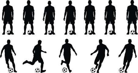 Set of soccer player silhouettes with ball showing standing and dribbling poses isolated on white background for sports and football design use © uzzala