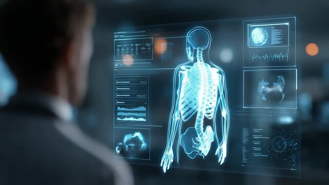 A doctor studies a futuristic holographic medical display with a full human skeleton X-ray and multiple data panels in a high-tech clinical setting
