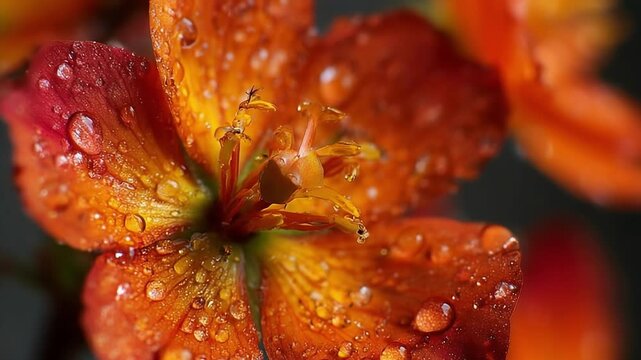 Macro close-up of an orange flower with dew droplets on petals; vivid texture and color pop against a dark, blurred background.