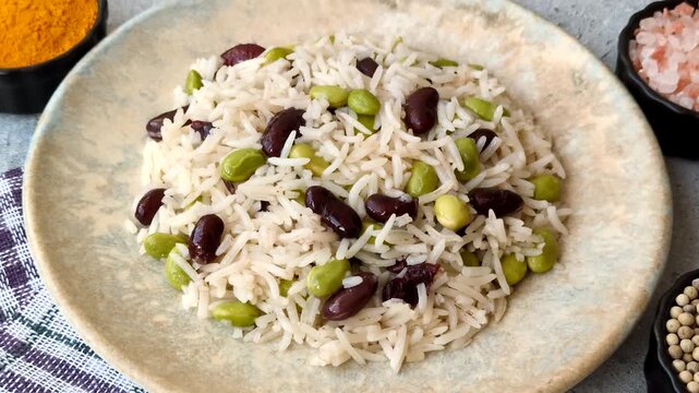 Asian food with rice, edamame, carrots, tofu, and spices. Rice with edamame and carrots as a food background for your design