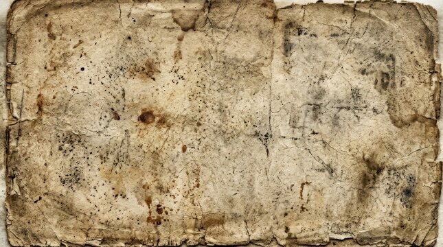 An aged, yellowed parchment displays a mottled, textured surface with dark stains and cracks. The paper exhibits significant wear and tear, suggesting considerable age and handling.