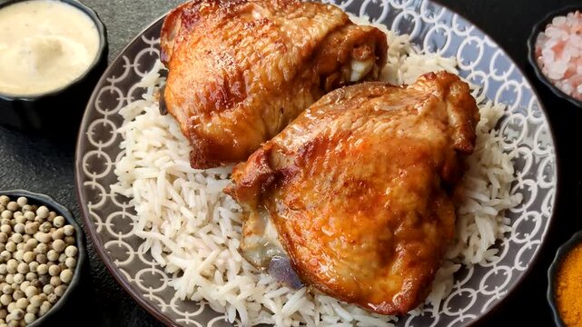 Kabsa or haneeth, an Arabic dish with rice and chicken, salt, and spices. Kabsa or haneeth as a food background for your design