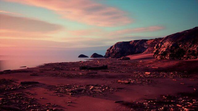 Solitary beachscape glowing in pink hour lonely rock in foreground long shadows meditative atmosphere ideal for wellness mindfulness editorial storytelling