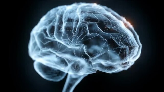 Futuristic visualization of a brain formed by blue neural-network lines with orange glowing nodes against a dark background