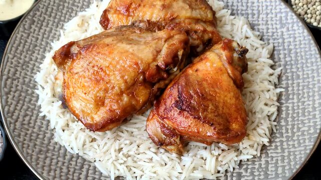 Kabsa or haneeth, an Arabic dish with rice and chicken, salt, and spices. Kabsa or haneeth as a food background for your design