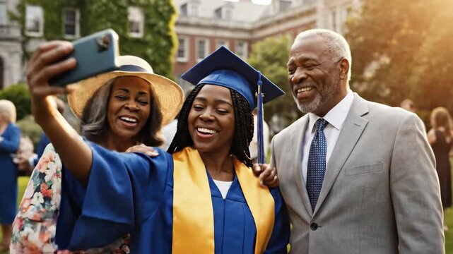 African American graduate taking selfie with proud parents on campus