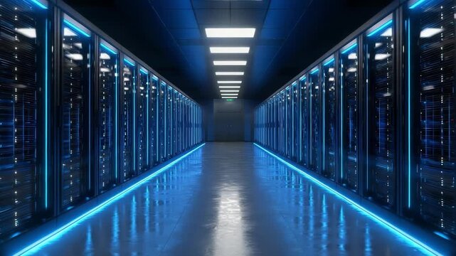 Futuristic data center corridor with blue-lit server racks and glass-front cabinets; reflective floor and bright overhead lights create a high-tech, immersive IT environment