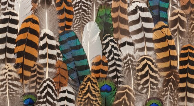 A close-up photograph showcases a dense collection of vibrant turkey feathers.