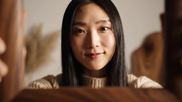 Smiling Asian woman holding wooden frame framing her face indoors