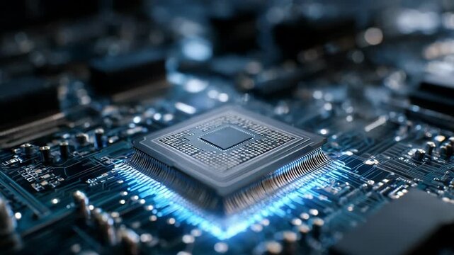 Close-up of a microprocessor on a blue circuit board; glowing blue accents highlight the intricate circuitry in a high-tech, macro shot