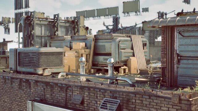 Disorganized rooftop area with boxes, Un tidy rooftop space filled with packaging materials, Messy rooftop storage filled with boxes and securing tape marks