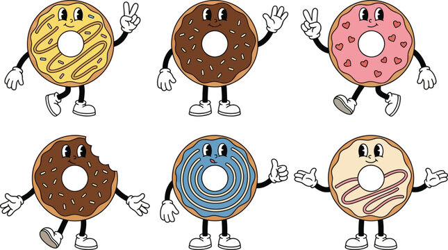 Set of groovy donut characters, fast food character mascots, vector illustration
